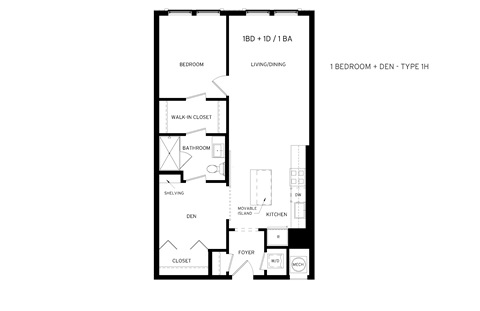 Floor plan for 1 bed, 1 bath, 831 sqft